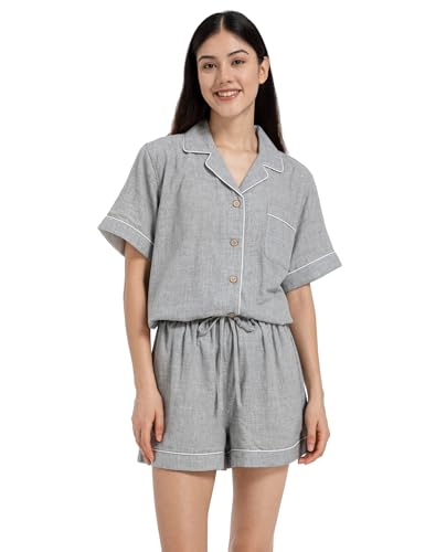 Womens Muslin Pajama Sets 100% Cotton Double Gauze Linen Like Short Pjs - color: Heathered Light Grey, size: Medium
