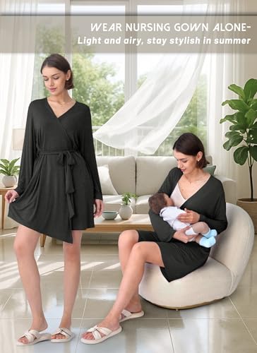 Rnxrbb 3 PCS Nursing Pajamas Robe Set Maternity Postpartum Pjs for Hospital - color: Deep Gray, size: Small