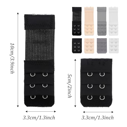 8PCS Women's Bra Extender 2 Hook 3 Row, Soft Elastic Back Extender for Bras, Comfort Fit Strap Extension for Most Bra Styles, White/Black/Skin/Gray
