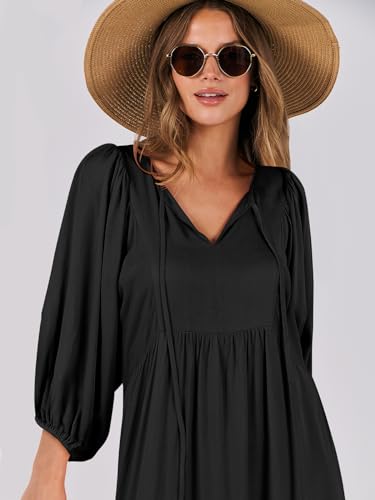 ANRABESS Womens Boho Floral 3/4 Puff Sleeve Maxi Dress - color: Black, size: Medium
