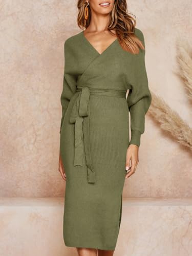 Womens Maxi Sweater Dress Long Sleeve Batwing Wrap V Neck Fall Dresses - color: 1-army Green, size: X-Large