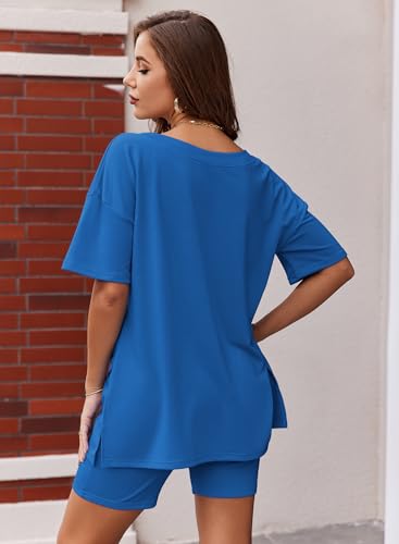 Ekouaer Womens 2 Piece Lounge Set Oversized V Neck Top Biker Short Pajamas - color: Blue, size: Medium