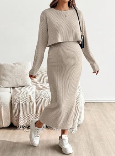 BLENCOT Maternity 2 Piece Outfits Ribbed Knit Crop Top Midi Skirt Set - color: Apricot, size: Medium
