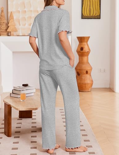 Ekouaer Womens Pajama Sets Short Sleeve Printed PJs Button Down Sleepwear - color: Light Grey, size: X-Large