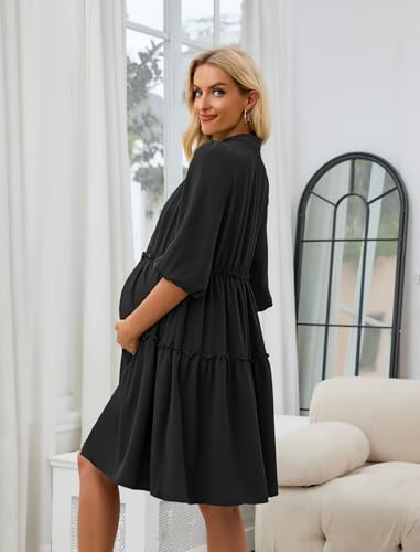 Angashion Women's Maternity Nursing Dress: V-Neck Hidden Zipper Pockets - color: Black, size: Medium