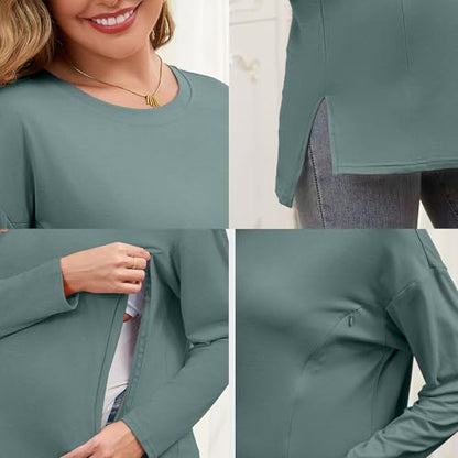 Women's Nursing Shirts Long Sleeve with Hidden Zipper Oversized Breastfeeding Tops Side Split Maternity Blouse - color: Black, size: Large