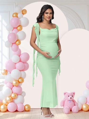 Women's Maternity Draped Neck Ruffle Bodycon Baby Shower Dress - color: Mint, size: Medium