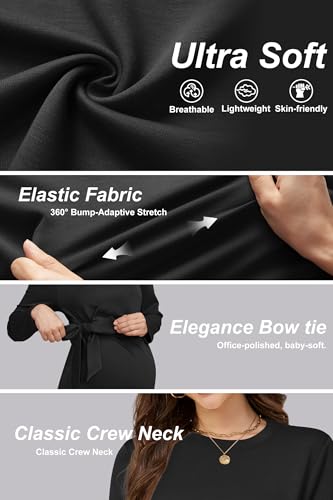 OUGES Women's Bow Tie Waist Maternity Shirts Long Sleeve Pregnancy Tops Crew Neck Fall Winter Elegant Business Blouse - color: Black, size: Large