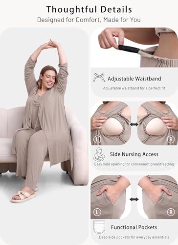 Rnxrbb 4 PCS Hospital&Home Nursing Pajamas Robe Set Maternity Postpartum Pj - color: Beige, size: X-Large