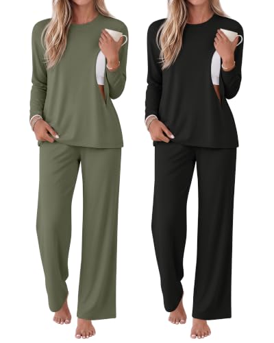 2 Pack Maternity Nursing Pajamas Postpartum Sets - color: Army Green, Black, size: Large