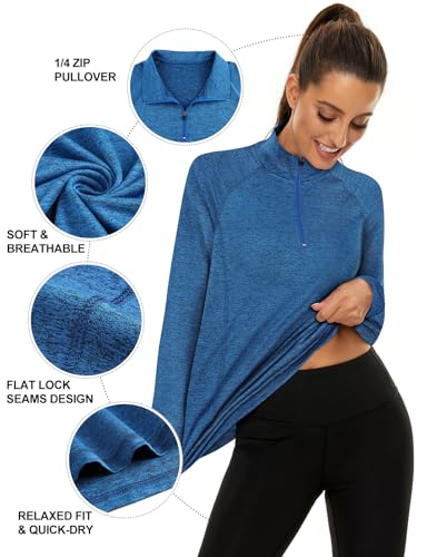 LURANEE Womens UPF 50+ Long Sleeve 1/4 Zip Pullover Athletic Hiking Running Workout Tops - color: Dark Blue, size: Small