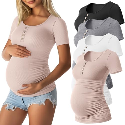 4 Pack Womens Short Sleeve Maternity Shirts - color: Black, Light Gray, White, Dirty Pink, size: Large