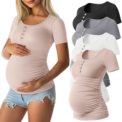 4 Pack Womens Short Sleeve Maternity Shirts - color: Black, Light Gray, White, Dirty Pink, size: Medium