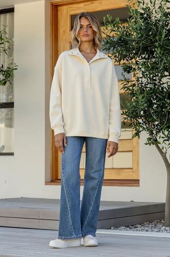 BLENCOT Women Mock Neck Sweatshirt Oversized Long Sleeve Henley Shirts - color: Beige, size: Medium