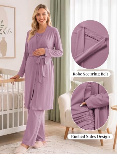Women 3PCS Maternity Robe Sets Nursing Pajamas Postpartum Breastfeeding Pjs - color: Light Purple, size: Medium