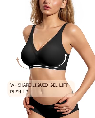VQJ Women's Jelly Push Up Bra, Wireless Full Coverage Seamless T-Shirt Bra - color: Classic Black, size: Large