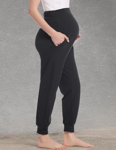 Joyaria Cotton Maternity Jogger Pants Over-the-Belly,Maternity Clothes - color: Black, size: Large