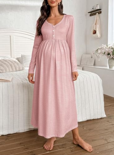 BLENCOT Maternity Dress V Neck Long Sleeve Striped Button Down Maxi Dresses - color: Pink, size: Medium