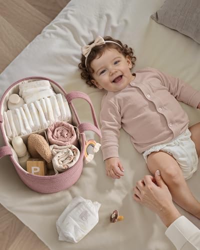 Blissful Diary Diaper Caddy Organizer, Woven Cotton Rope, Pink - color: Oval Pink