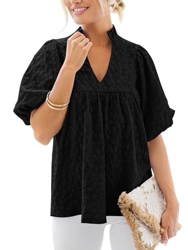 MASCOMODA Womens Puff Short Sleeve Peplum Babydoll Tops 2026 - color: Black, size: Small