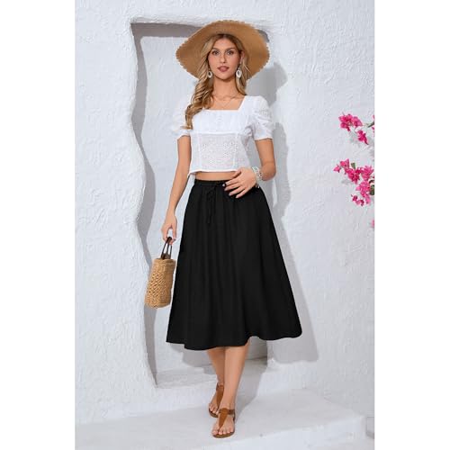 Witsmile Women's Summer Boho High Waist Pleated Flowy Midi Skirt - color: B-02 Black, size: Small