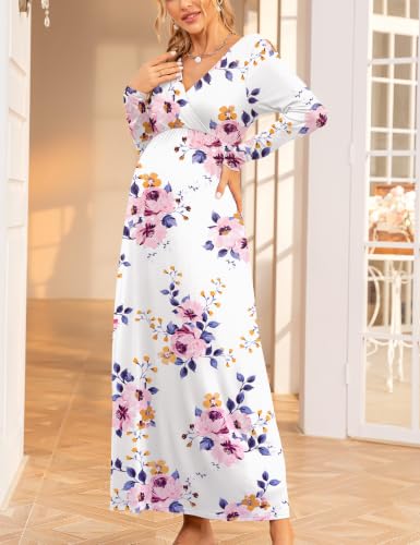 Fall Wrap V Neck Long Sleeve Maternity Maxi Dress Baby Shower - color: Z-white Floral- Hx131, size: Medium