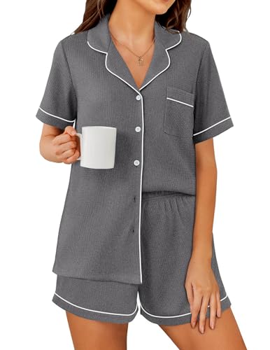 Ekouaer Womens Waffle Knit Pajama Sets Soft Short Sleeve Button Up Pjs - color: Dark Gray, size: Medium