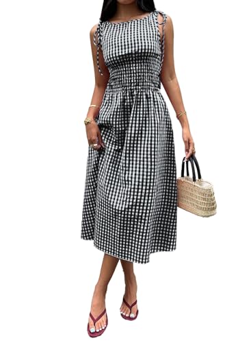 Acelitt Womens Gingham Dress Flowy Maxi Beach Sun Dresses - color: Black, size: Small