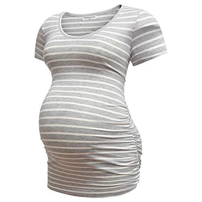 Bearsland Womens Maternity Tshirt 3 Packs Classic Side Ruched Tee Top Mama Pregnancy Clothes - color: Russetred++graywitstrip+mintgreen(3pcs), size: Medium