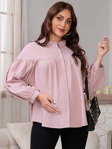 Womens Maternity Button Down Work Shirts Nursing Blouses Business Pleated Lantern Sleeve Pregnancy Office Tops - color: Pink, size: Small