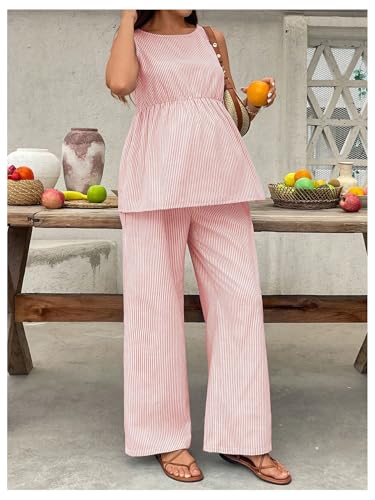 MakeMeChic Women's Maternity 2 Piece Outfits Striped Tank Top and Pants - color: Red and White, size: Large