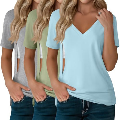 3 Pack Women's Nursing Tops Breastfeeding Shirts - color: Light Heather Gray, Light Green, Light Blue, size: XX-Large