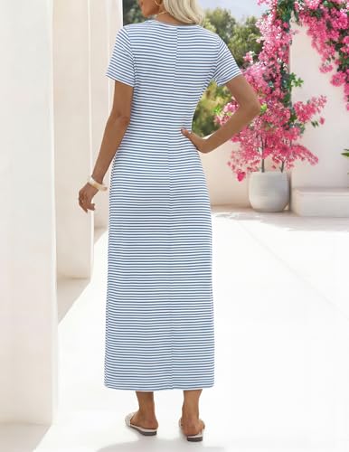 MEROKEETY Women's Summer T Shirt Casual Work Wrap Maxi Dresses - color: Stripe Blue, size: Large