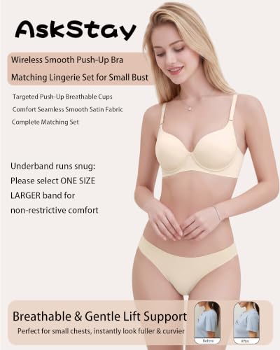 Satin Push Up Bra for Small Breasts & Matching Thong Set - color: Beige, size: 38B