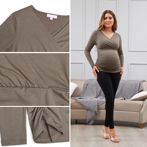 Maternity Shirt Long Sleeve Top Wrap V Neck Blouse Cross Over Nursing Tshirt - color: Coffee, size: Medium