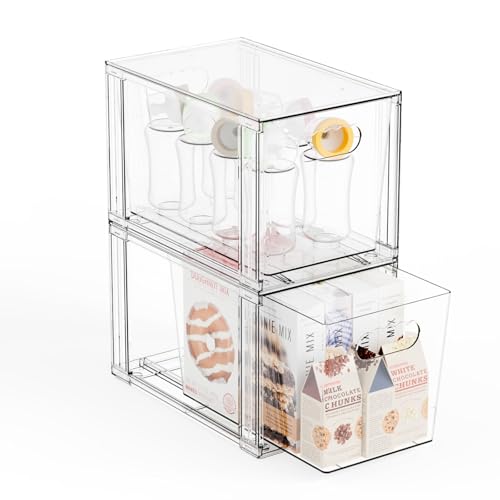 Yieach 2 Pack Large Stackable Storage Drawers,11″Deep Under Cabinet Organizer,Baby Bottle Organizer,Clear Stacking Pull Out Drawer,Acrylic Storage Containers Bins for Organizing Snack,Medicine,Makeup