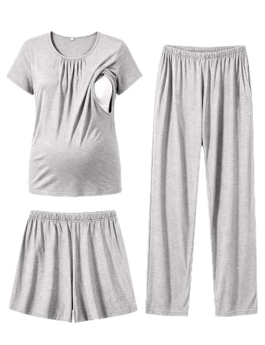 SWOMOG Women 3Pcs Maternity Pajama Set Nursing Pjs Pregnancy Set Breastfeeding Pjs Double Layer with Pockets - color: Grey, size: Medium