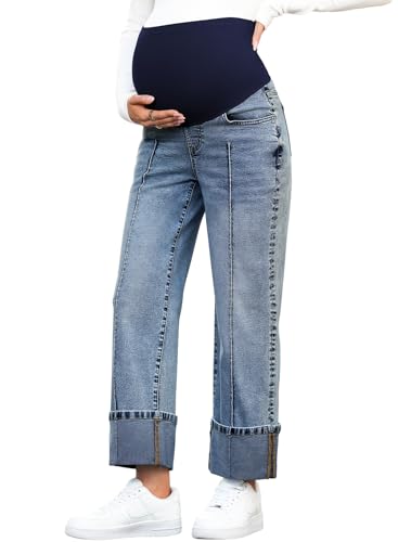 BLENCOT Maternity Jeans Over Belly Straight Leg Denim Pants with Pockets - color: Sail Blue, size: Small