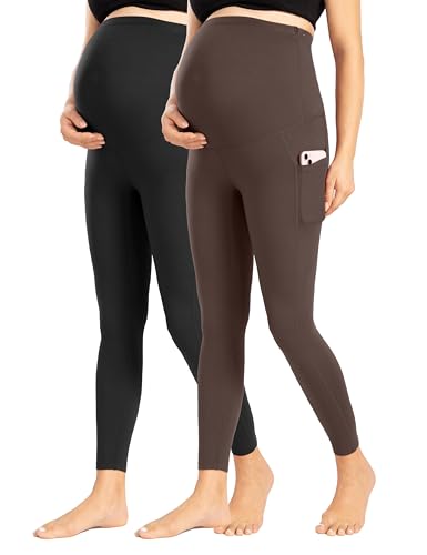 Enerful Maternity Leggings with Pockets Yoga Tights - color: Black+coffee, size: Medium
