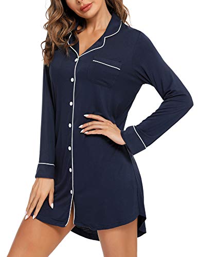 Samring Nightgowns for Women Long Sleeve Button Down Night Gown Sleepshirts - color: Navy Blue, size: Medium