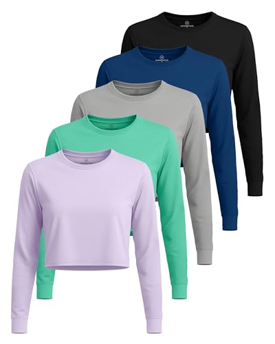 5 Pack Women's Dry Fit Long Sleeve Crop Tops Workout Athletic Crew Neck Tee - color: Set 11, size: X-Small