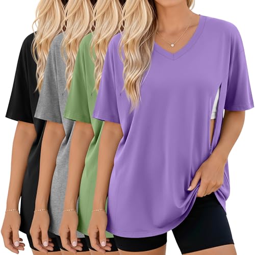 4 Pack Women's Oversize Nursing Tops - color: Light Purple, Light Green, Light Gray, Black, size: X-Large