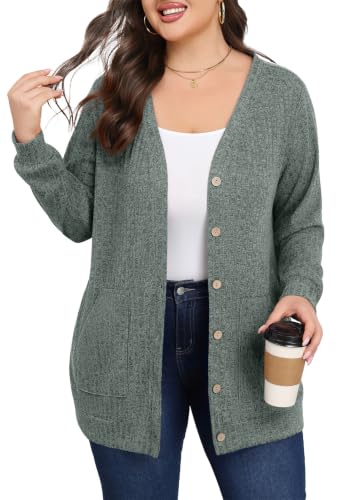 Lastshe Women Plus Size Cardigan Fall Thin Sweaters with Pockets 1X-5X - color: Blue Green, size: 3X