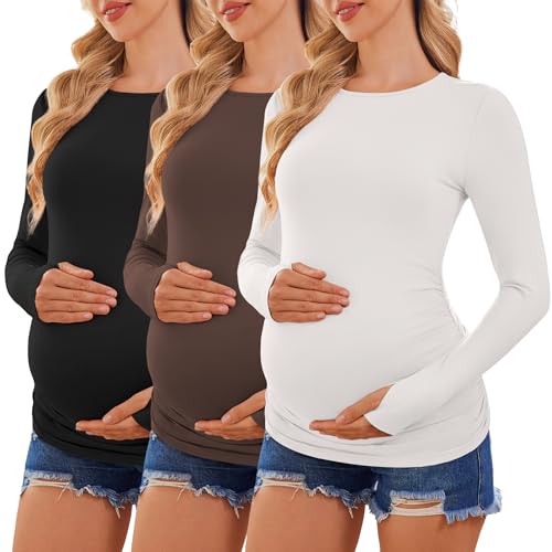Ekouaer Womens 3 Pack Long Sleeve Maternity Shirts Thumb Hole Tops - color: 3pcs Black / Brown / White, size: Small