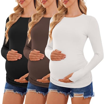 Ekouaer Womens 3 Pack Long Sleeve Maternity Shirts Thumb Hole Tops - color: 3pcs Black / Brown / White, size: Small