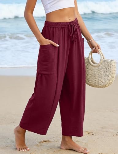 Flygo Women's Flowy Drawstring Wide Leg Pants with Side Pockets - color: Burgundy, size: Medium