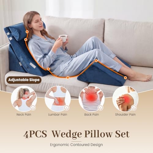 4PCS Wedge Pillow Set, Incline Pillow for GERD & Heartburn Relief - color: Full Navy