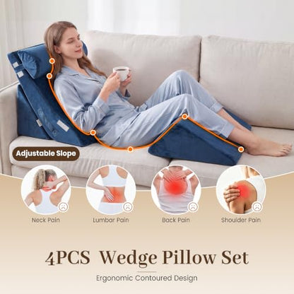 4PCS Wedge Pillow Set, Incline Pillow for GERD & Heartburn Relief - color: Full Navy