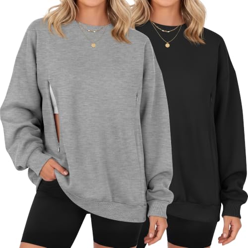 Locoowai 2 Pack Women's Oversize Nursing Sweatshirts - color: Light Heather Gray, Black, size: Medium