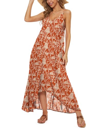 LILBETTER Women V-Neck Polka Dot Print Spaghetti Strap Boho Long Maxi Dresses - color: Flower Orange, size: Small